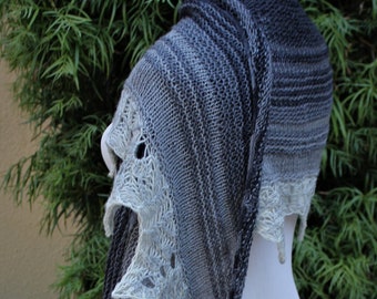 Gray Ombre Pure and Soft Merino Wool Yarn Crescent Shaped Hand Knit Shawlette with Lace Border