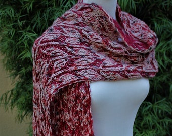 Reds and Pinks Ombre Variegated Brioche Reversible Pure Merino Wool Hand Knitted Extra Long Scarf or Wrap
