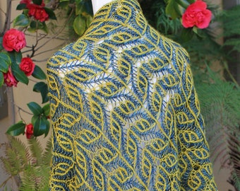 Royal Blue and Yellow Brioche Lace Hand Knitted on the Bias Pure Merino Wool Asymmetrical Triangular Shawl or Wrap
