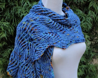 Blue Variegated Brioche Lace Pure and Soft Reversible Merino Wool Scarf or Wrap