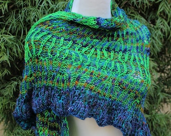 Blues and Greens Variegated Full Size Half Circular Pure and Soft Merino Wool Hand Knitted Brioche Reversible Shawl or Wrap