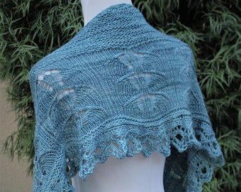 Blue Crescent Shaped Pure and Soft Merino Wool Hand Knitted Lace Shawlette or Scarf