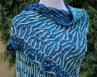 Blue Variegated 100 Percent Pure and Soft Merino Wool Brioche Lace Reversible Full Size Shawl or Wrap