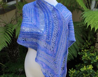 Purple and Periwinkle Striped Hand Knit Pure Merino Wool Lace Shawl or Shawlette