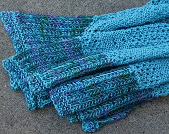 Blue and Purple Tranquility Cotton Hand Knit Asymmetrical Brioche Shawlette or Scarf