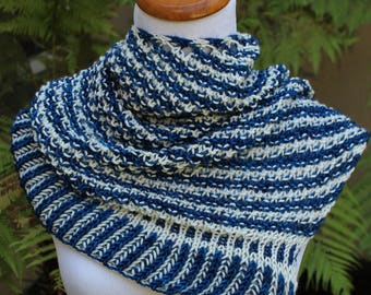 Blue and White Striped Asymmetrical Shawlette or Scarf