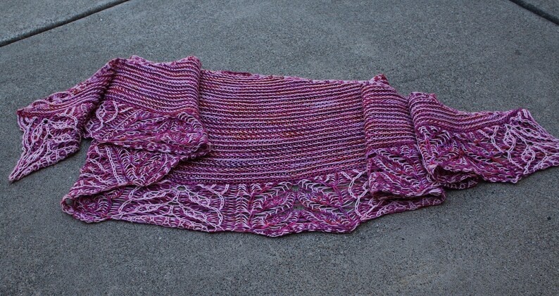 Rasberry and Pink Hope Brioche Hand Knitted Crescent Shaped Pure Merino Wool Yarn Shawl or Scarf image 5