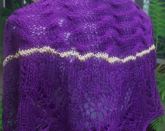 Purple and Yellow African Violet Hand Knit Lace and Cables Pima Cotton Shawlette or Scarf