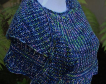 Blue Variegated  Electric Parade Pure Merino Wool Hand Knit Asymmetrical Brioche Shawlette or Scarf