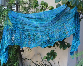 Turquoise Blue and Green Crescent Shaped Pure Merino Wool Hand Knitted Brioche Border Shawl or Shawlette