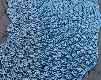 Blue Ice Bud Pure and Soft Crescent Shaped Merino Wool Hand Knit Brioche Lace Shawl or Wrap