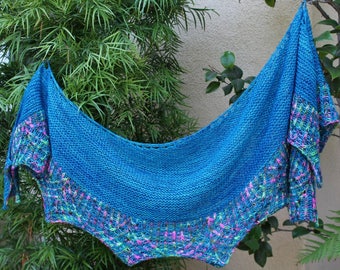 Turquoise and Variegated Pastel Cabana Brioche Hand Knit Pure Merino Wool Crescent Shaped Shawl