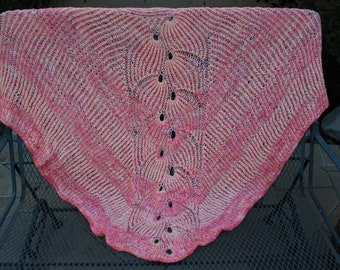 Coral and Pink Oversized Triangular 100 Percent Pure and Soft Striped Merino Wool Hand Knit Lace Shawl or Wrap