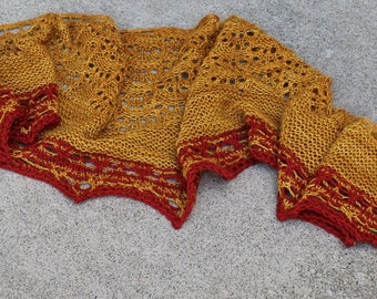 Gold and Rust Colored Merino Wool and Cashmere Blend Lace Shawlette or Scarf