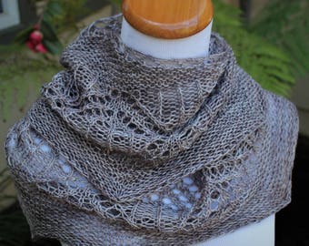 Heathered Gray FLW Hand Knit Pure Merino Wool Crescent Shaped Lace Shawlette or Shawl