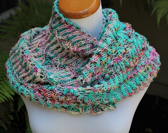 Pinks and Greens Spumoni Hand Knit Pure Merino Wool Hand Dyed Yarn Brioche Cowl or Scarf