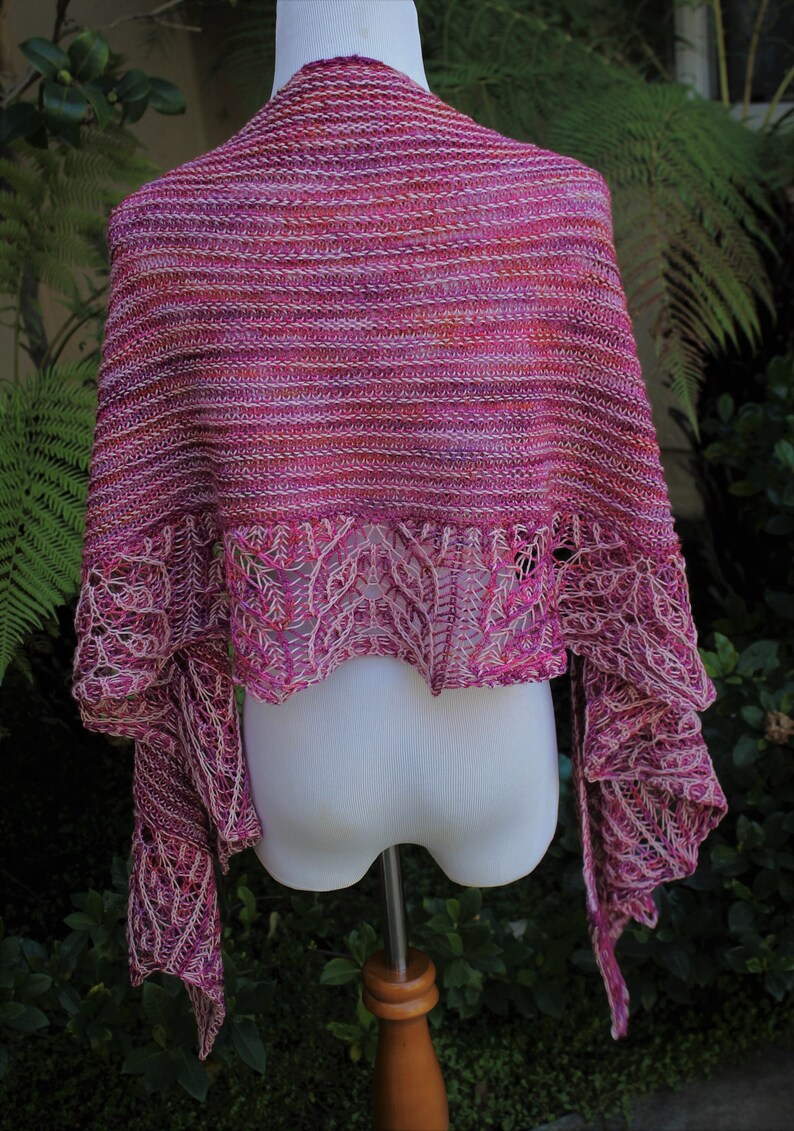 Rasberry and Pink Hope Brioche Hand Knitted Crescent Shaped Pure Merino Wool Yarn Shawl or Scarf image 3