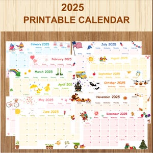 2025 Calendar Printable, Cute Kids Calendar 2025, Wall Calendar PDF, Editable Calendar, Kids Monthly Planner, Homeschool Calendars, Animated