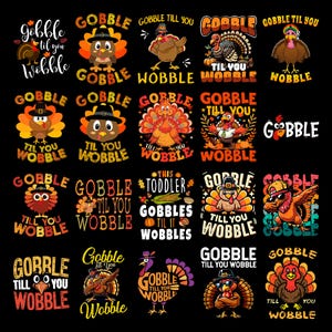 Puede incluir: Una colección de diseños con temática de Acción de Gracias con pavos de dibujos animados. Cada diseño incluye las palabras "Gobble" y "Wobble" con ilustraciones de pavos que llevan sombreros y gafas de sol. Los diseños son de color naranja, amarillo y marrón.