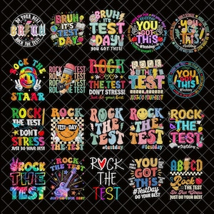 Puede incluir: Una colección de diseños gráficos circulares y coloridos con texto relacionado con los exámenes. Las frases incluyen "Rock the Test", "You Got This" y "Don't Stress". Los diseños presentan varias fuentes e ilustraciones.