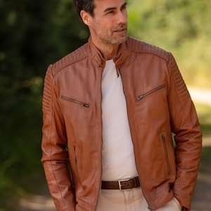 Men's Camel Brown Sheepskin Leather Motorcycle Jacket, Biker Style Coat