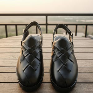 Woven Leather Slingback Clogs - Black Leather Mules, Men's Summer Shoes