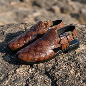 Handmade Alligator Leather Peshawari Sandals Pattern | Brown Ankle Strap Footwear | Men's Traditional Chappal image 7