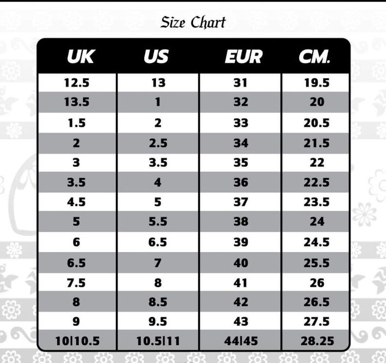 K&ouml;nnte beinhalten: Eine Schuhgr&ouml;&szlig;entabelle mit UK-, US-, EUR- und CM-Gr&ouml;&szlig;en. Die schwarz-wei&szlig;e Tabelle zeigt Schuhgr&ouml;&szlig;enumrechnungen, wobei die gr&ouml;&szlig;te Gr&ouml;&szlig;e US 10.5/11, EUR 44/45 und 28,25 cm betr&auml;gt.