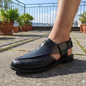 Handmade Genuine Leather Black Sandals for Men | Peshawari Ankle Strap Luxury Footwear image 2