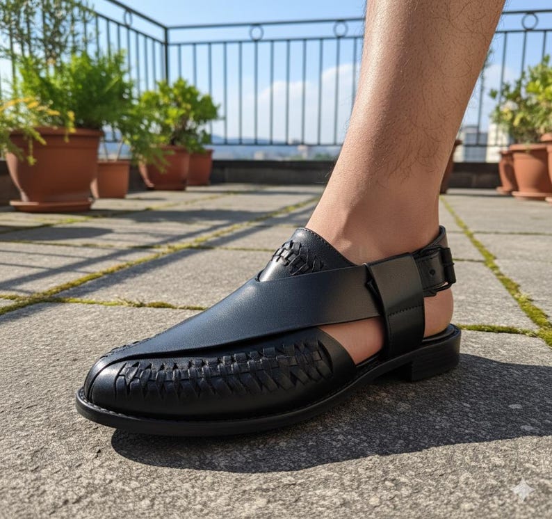 Handmade Genuine Leather Black Sandals for Men | Peshawari Ankle Strap Luxury Footwear image 2