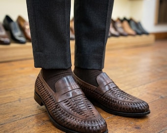 Handmade Men’s Woven Leather Loafers | Distressed Vintage Style Slip-Ons | Huarache Shoes | Breathable Summer Loafers