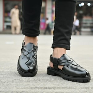 Woven Leather Slingback Clogs - Black Leather Mules, Men's Summer Shoes