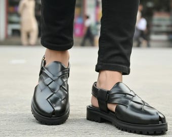 Gewebte Leder Slingback Clogs - Schwarze Leder Pantoletten, Herren Sommerschuhe