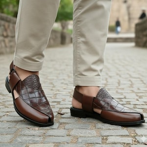 Handmade Alligator Leather Peshawari Sandals Pattern | Brown Ankle Strap Footwear | Men's Traditional Chappal