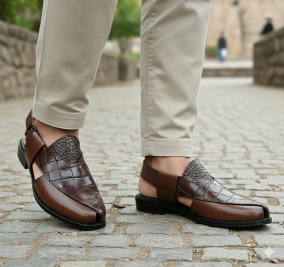 Handmade Alligator Leather Peshawari Sandals Pattern | Brown Ankle Strap Footwear | Men's Traditional Chappal