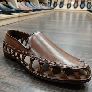 K&ouml;nnte beinhalten: Brauner Leder-Slipper mit gewebten Seitendetails. Der Schuh hat ein glattes, poliertes Obermaterial und eine flache Sohle. Weitere Schuhe sind im Hintergrund zu sehen.