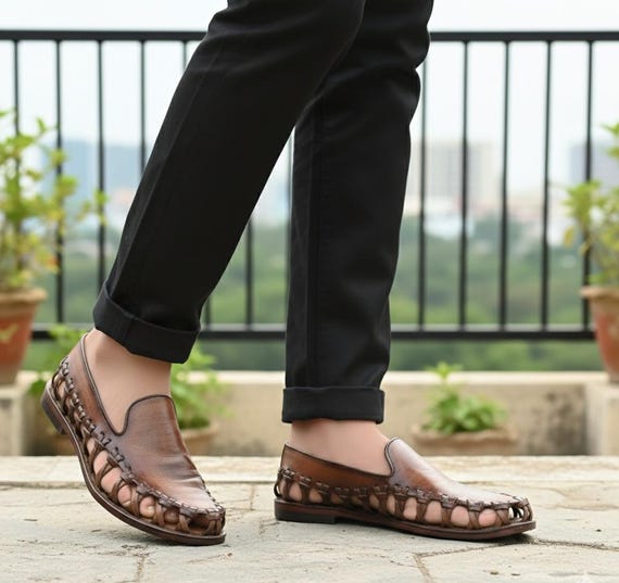 Handmade Woven Leather Loafers | Men's Brown Slip-On Fisherman Sandals | Summer Beach Shoes