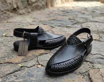 Handmade Genuine Leather Black Sandals for Men | Peshawari Ankle Strap Luxury Footwear