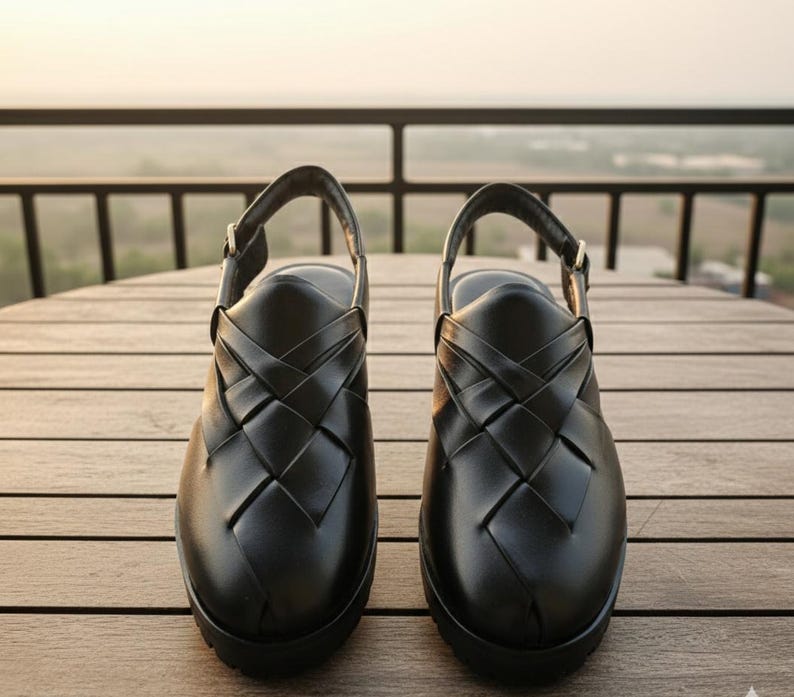 Woven Leather Slingback Clogs - Black Leather Mules, Men's Summer Shoes image 2