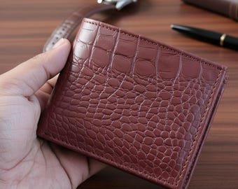 Handgefertigte Krokodilleder Bifold Brieftasche: Schlanke Kartenhalter Muster, Groomsmen Geschenk