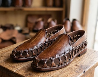 Men's Woven Leather Huaraches, Handmade Fisherman Sandals, Casual Summer Slip On Shoes