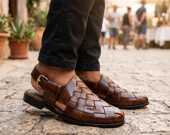 Handgewebtes Leder Peschawori Chappal - Geflochtene Herren Braune Kaptaan Sandalen
