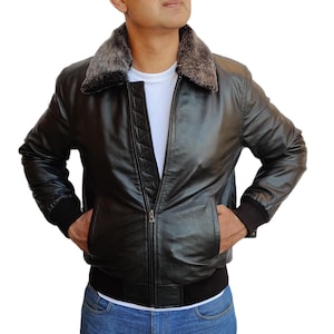 Black Genuine Sheepskin Leather Pilot Style Jacket with Detachable Fur Collar for men