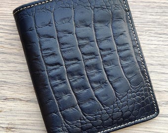Handmade Navy Blue Genuine Alligator Leather Skin Pattern Wallet Bifold