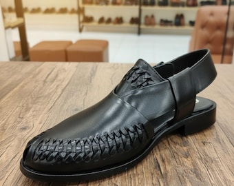 Handmade Genuine Leather Black Sandals for Men | Peshawari Ankle Strap Luxury Footwear
