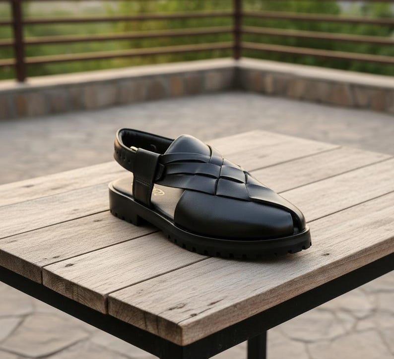 Woven Leather Slingback Clogs - Black Leather Mules, Men's Summer Shoes image 5