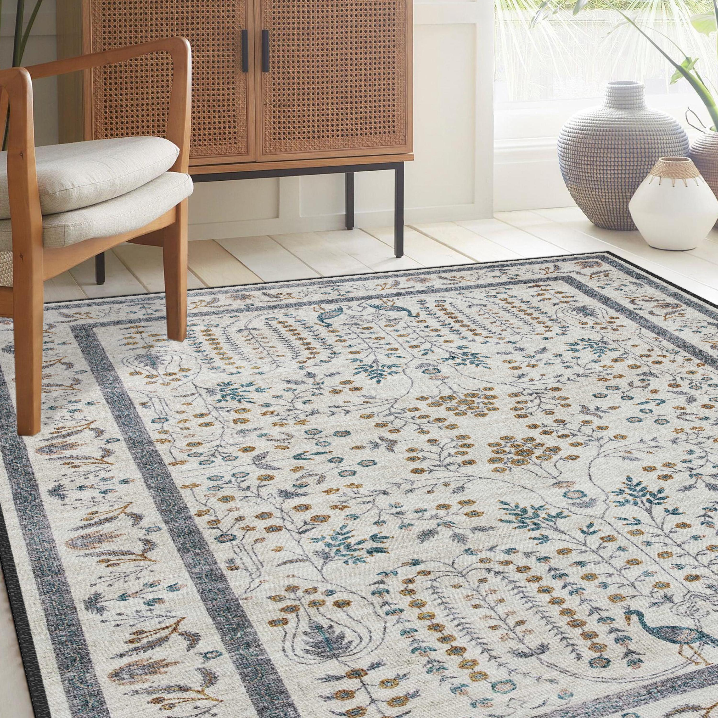 Boho Chic Elegance Floral Rug, Turkish Traditional Unique Rug, Washable Non-Slip Rug, Distressed Large Area Rug, Rugs for Living Room