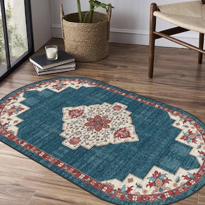 Traditioneller ovaler Teppich, Teppich im Antik-Look, dekorativer waschbarer rutschfester Teppich für Wohnzimmer Schlafzimmer