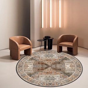 Runder Teppich im Vintage-Stil, Teppich im Antik-Look, Dekorativer waschbarer rutschfester Teppich für Wohnzimmer Schlafzimmer