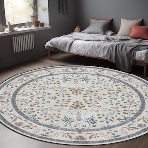 Boho Chic Elegance Round Floral Rug, Turkish Round Unique Rug, Washable Non-Slip Rug, Distressed Large Area Rug, Rugs for Living Room